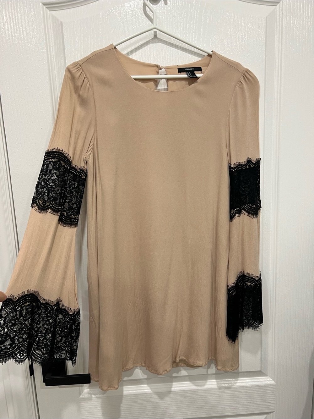 Boho Chic Tan Dress with Black Lace Trim